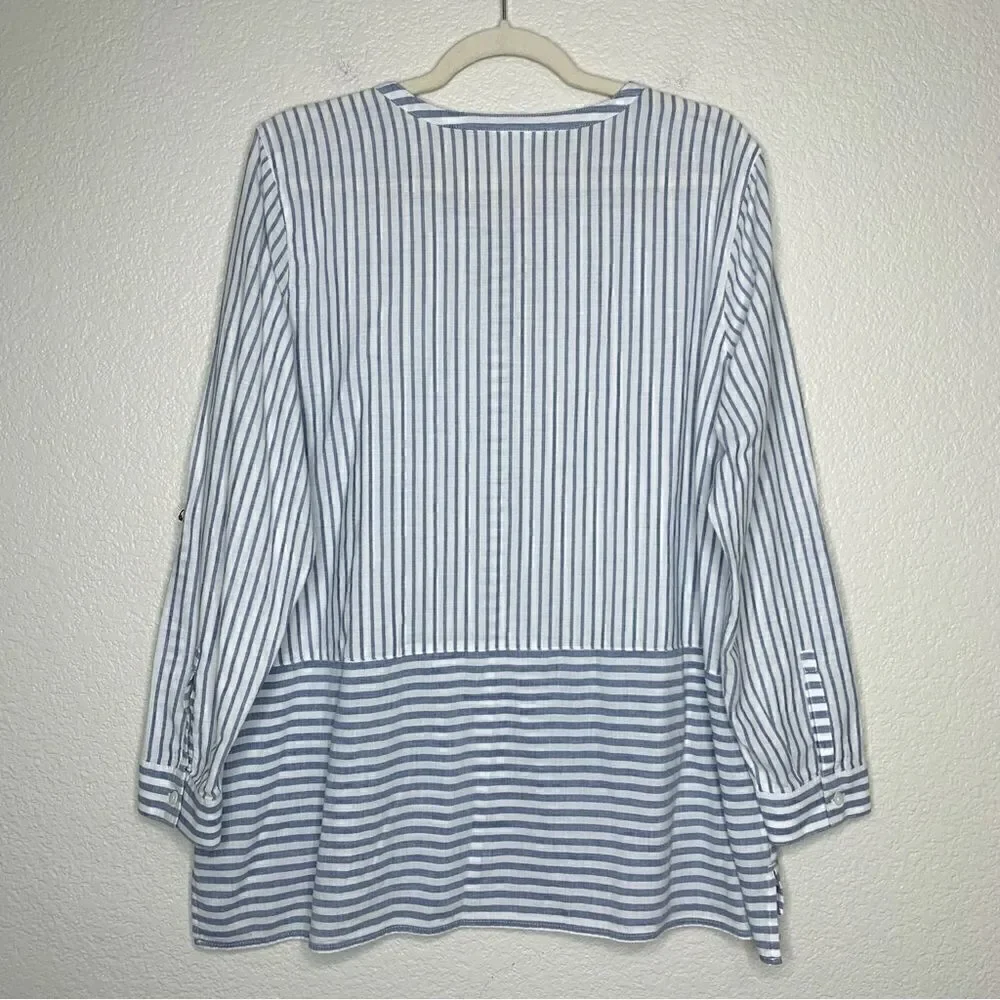 J.Jill 100% Cotton Blue White Striped Button Down Tunic Top